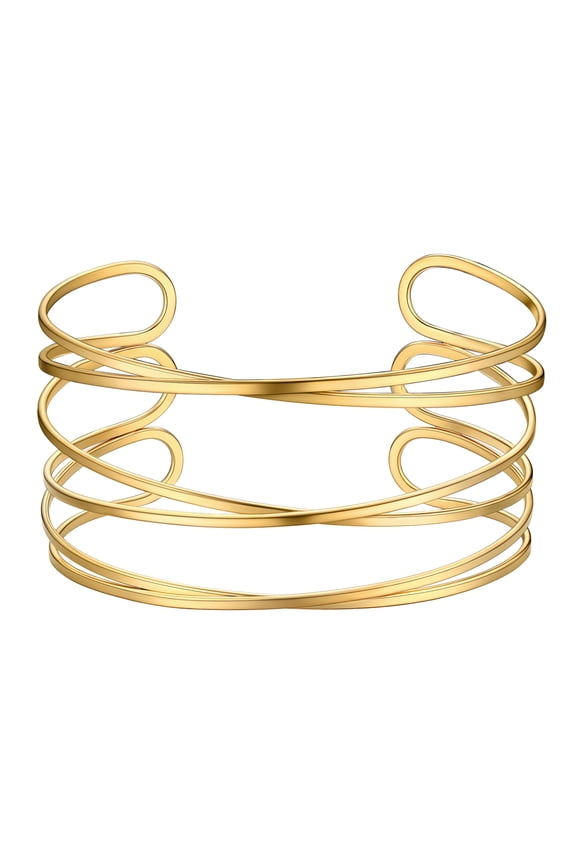 Gold Plated Cuff Bracelet for Women, Chunky Hollow Wide Multi-layer Cross Wire Open Adjustable Bangle Bracelet Wrist Arm Cuffs Wrap Statement Jewelry Gift Party Prom