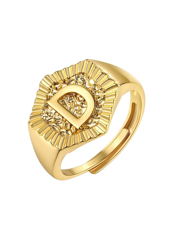 Gold Plated Initial Ring for Women Adjustable Open Stackable Statement Knuckle Ring Chunky Alphabet Letter D Signet Ring