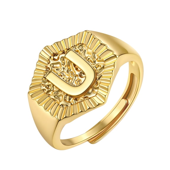 FOCALOOK Gold Plated Initial Ring for Women Adjustable Open Stackable Statement Knuckle Ring Chunky Alphabet Letter J Finger Ring