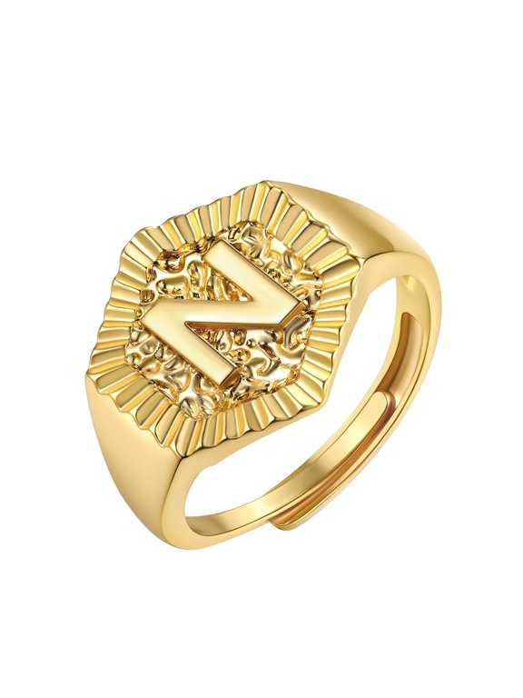 Gold Plated Initial Ring for Women Adjustable Open Stackable Statement Knuckle Ring Chunky Alphabet Letter J Finger Ring