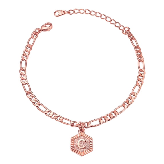 FOCALOOK Initial C Anklets for Women, Large Plus Size Rose Gold Plated Figaro Chain Ankle Bracelets, Hexagon Letter Charm Summer Beach Pool Waterproof Foot Jewelry 8.5-10.5inch