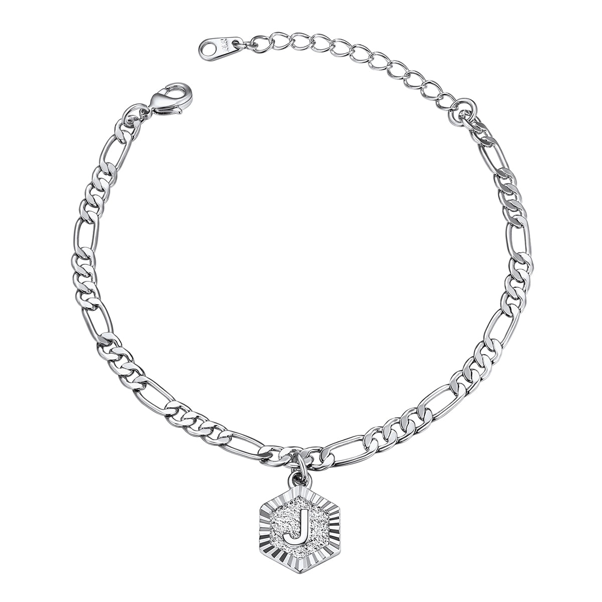 FOCALOOK Initial J Anklets for Women, Large Plus Size Figaro Chain Ankle Bracelets, Hexagon Letter Charm Summer Beach Pool Waterproof Foot Jewelry 8.5-10.5inch
