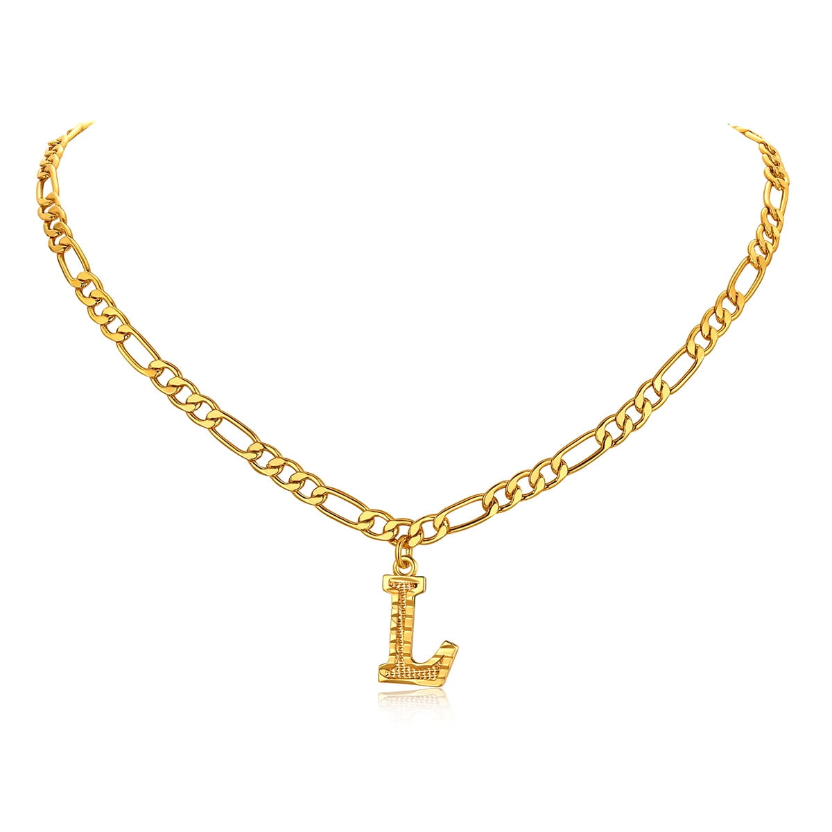 FOCALOOK Initial L Necklaces for Women Men Gold Plated Figaro