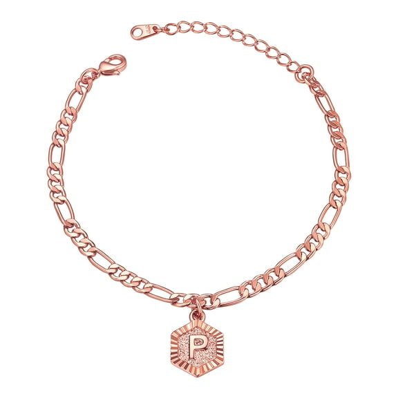 FOCALOOK Initial P Anklets for Women, Large Plus Size Rose Gold Plated Figaro Chain Ankle Bracelets, Hexagon Letter Charm Summer Beach Pool Waterproof Foot Jewelry 8.5-10.5inch