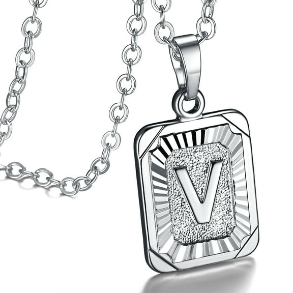 FOCALOOK Initial V Pendant Necklace for Women Men Silver Dog Tag Letter Capital Alphabet Necklace Boyfriend Father Husband Son Birthday Christmas Jewelry Gift