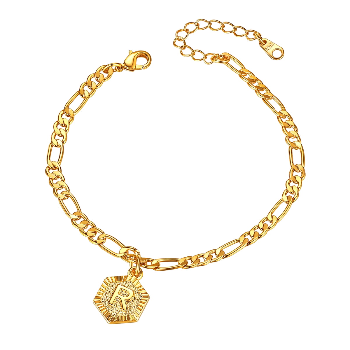 FOCALOOK Initial R Anklets for Women, Large Plus Size Gold Plated Figaro Chain Ankle Bracelets, Hexagon Letter Charm Summer Beach Pool Waterproof Foot Jewelry 8.5-10.5inch