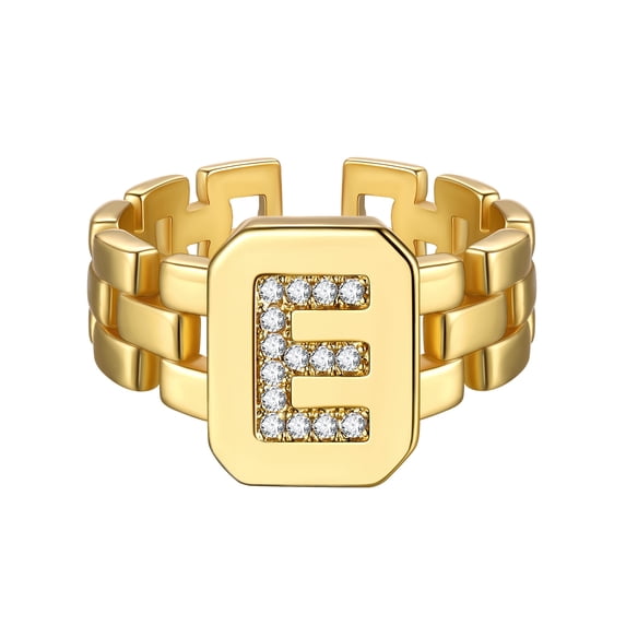 FOCALOOK Initial Rings for Women Gold Plated Adjustable Open Band Rings Chunky Stackable Sparkly Cubic Zirconia Letter E Statement Signet Ring