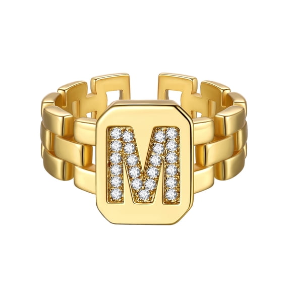 FOCALOOK Initial Rings for Women Gold Plated Adjustable Open Band Rings Chunky Stackable Sparkly Cubic Zirconia Letter M Statement Signet Ring