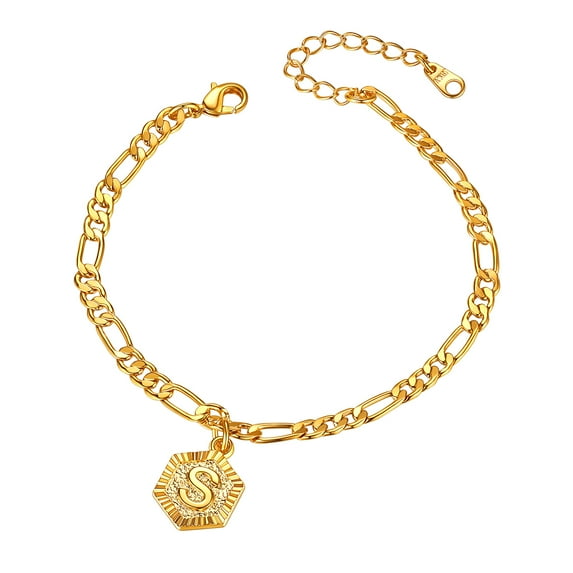 FOCALOOK Initial S Anklets for Women, Large Plus Size Gold Plated Figaro Chain Ankle Bracelets, Hexagon Letter Charm Summer Beach Pool Waterproof Foot Jewelry 8.5-10.5inch