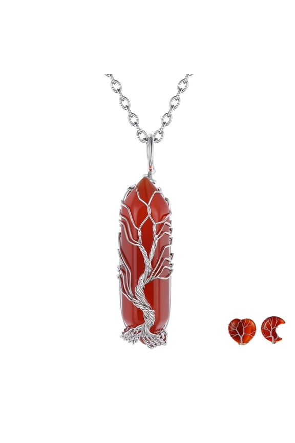 January Nature Red Agate Birthstone Necklaces for Women Wire Wrapped Tree of Life Necklace Carnelian Reiki Hexagonal Spiritual Healing Crystal Girlfriend Valentines Day Jewelry Gifts
