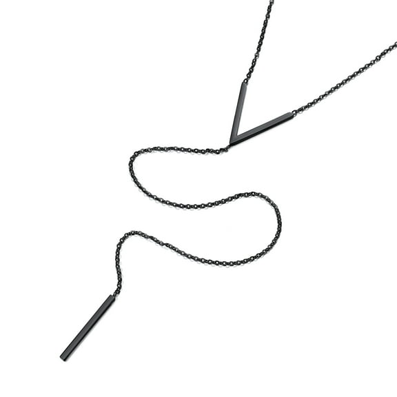 FOCALOOK Lariat Necklace for Women Drop Vertical Bar Pendant Black Long Y Necklace Stainless Steel Minimalist Chain