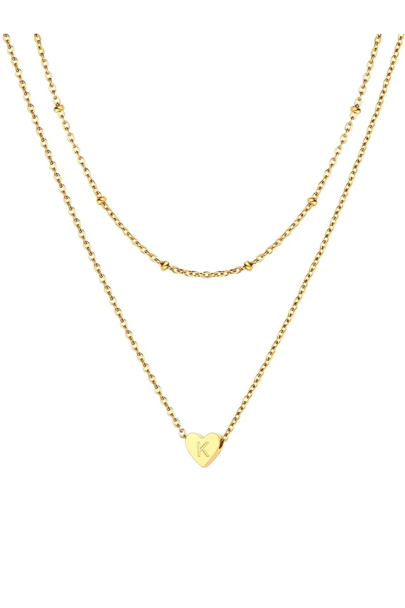 Layered Initial Choker Necklaces for Women Tiny Heart Letter K Pendant Adjustable Beaded Chain Birthday Valentine's Day Jewelry Gifts
