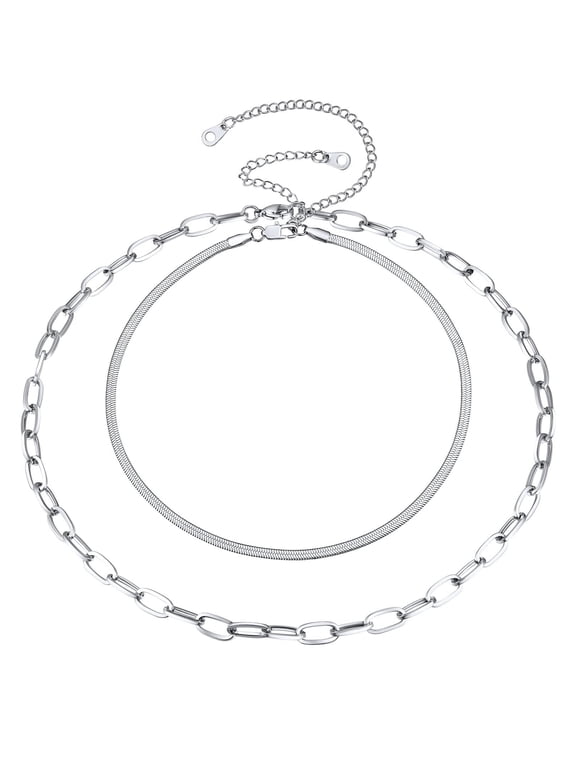 Layered Paperclip Flat Snake Chain Necklaces Set for Women Stainless Steel Herringbone Paperclip Choker Necklace Birthday Mothers Day Jewelry Gifts