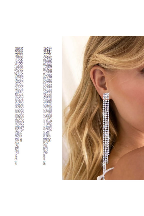 Long Crystal Tassel Dangle Drop Earrings for Women Iridescent Rhinestone Earrings Sparkly Prom Earrings