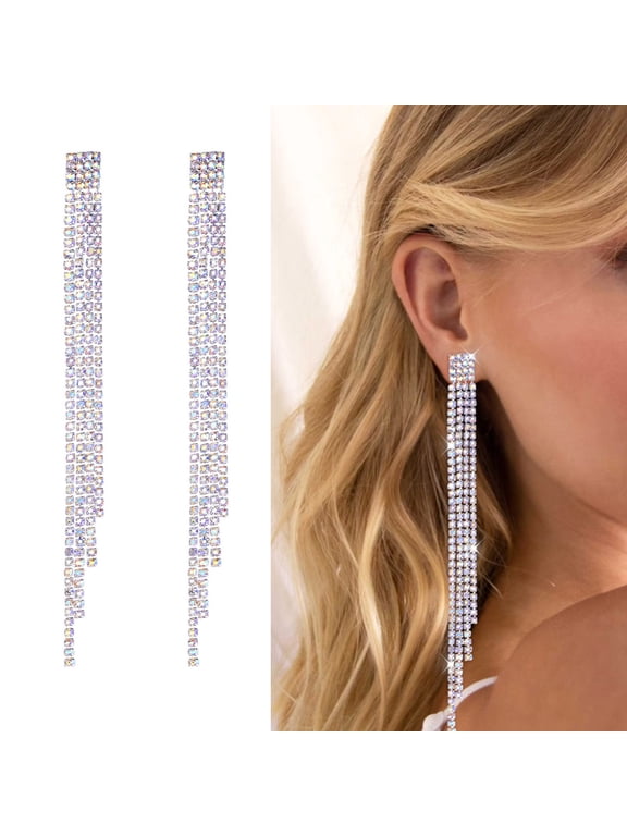 Long Crystal Tassel Dangle Drop Earrings for Women Iridescent Rhinestone Earrings Sparkly Prom Earrings