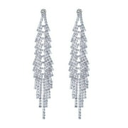 FOCALOOK Long Crystal Tassel Earrings for Women Bridal Dangling Silver Rhinestones Sparkly Earrings for Party Prom