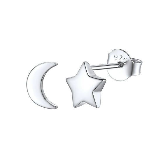 FOCALOOK Moon Star Stud Earrings 925 Sterling Silver Hypoallergenic Small Mini Dainty Minimalist Earring Suds for Women Jewelry Gifts
