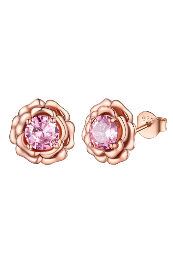 Rose Flower Birthstone Stud Earrings for Women Rose Gold Plated 925 Sterling Silver Cubic Zirconia October Pink Tourmaline Earrings Birthday Valentines Day Jewelry Love Gifts for Her Wife