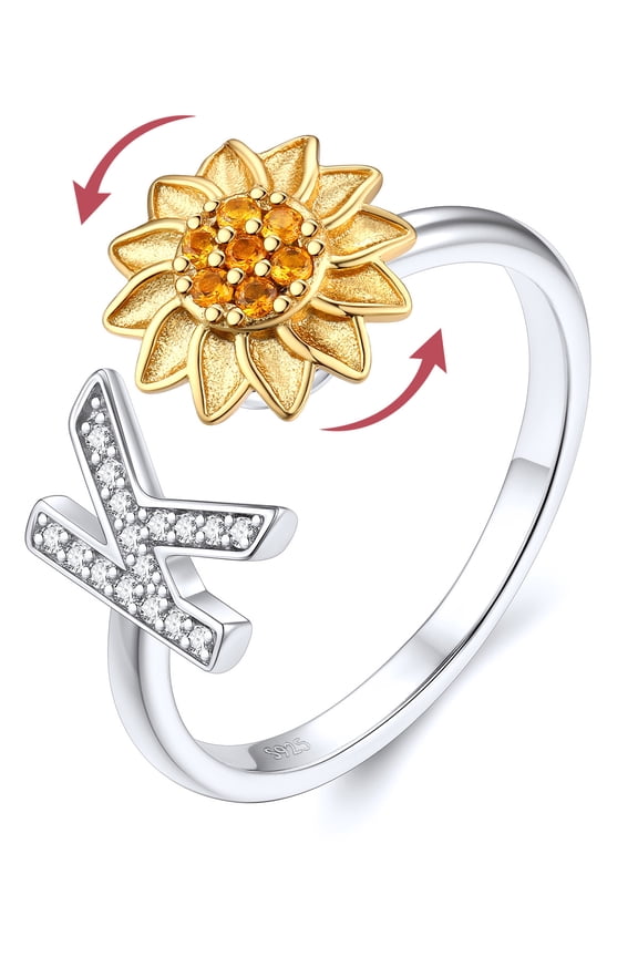 Rotatable Sunflower Anxiety Ring for Women 925 Sterling Silver Adjustable Open Spinner Fidget Ring Sparkly CZ Initial K Letter Rings Jewelry Gift
