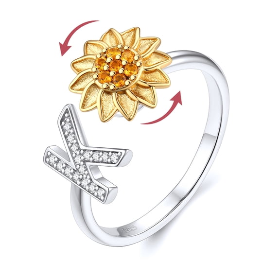 FOCALOOK Rotatable Sunflower Anxiety Ring for Women 925 Sterling Silver Adjustable Open Spinner Fidget Ring Sparkly CZ Initial K Letter Rings Jewelry Gift