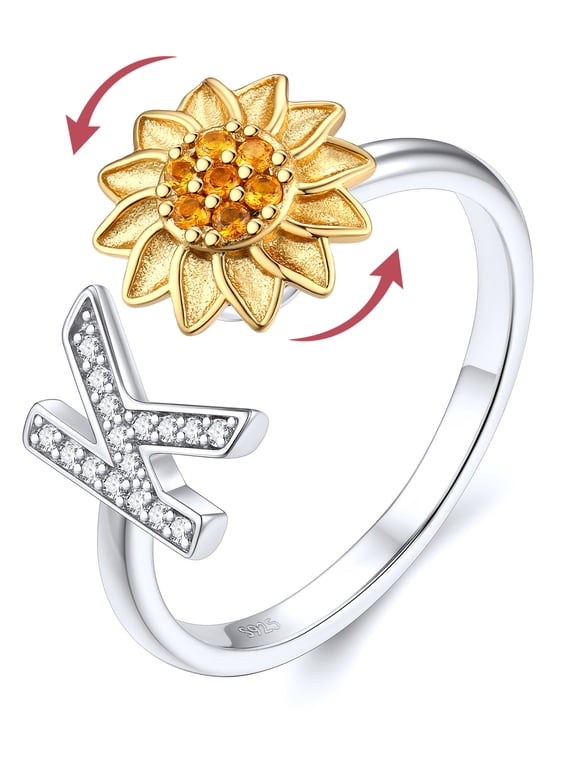 Rotatable Sunflower Anxiety Ring for Women 925 Sterling Silver Adjustable Open Spinner Fidget Ring Sparkly CZ Initial K Letter Rings Jewelry Gift