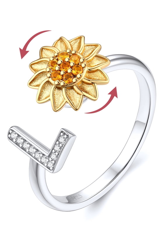 Rotatable Sunflower Fidget Ring for Women 925 Sterling Silver Adjustable Open Spinner Anxiety Ring Anti Stress CZ Capital Initial L Rings Jewelry Gift