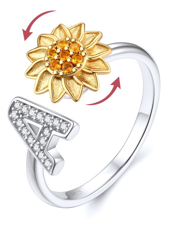 Rotatable Sunflower Fidget Ring for Women 925 Sterling Silver Anxiety Ring Adjustable Open Spinner Ring Cubic Zirconia Initial A Rings Jewelry Gift