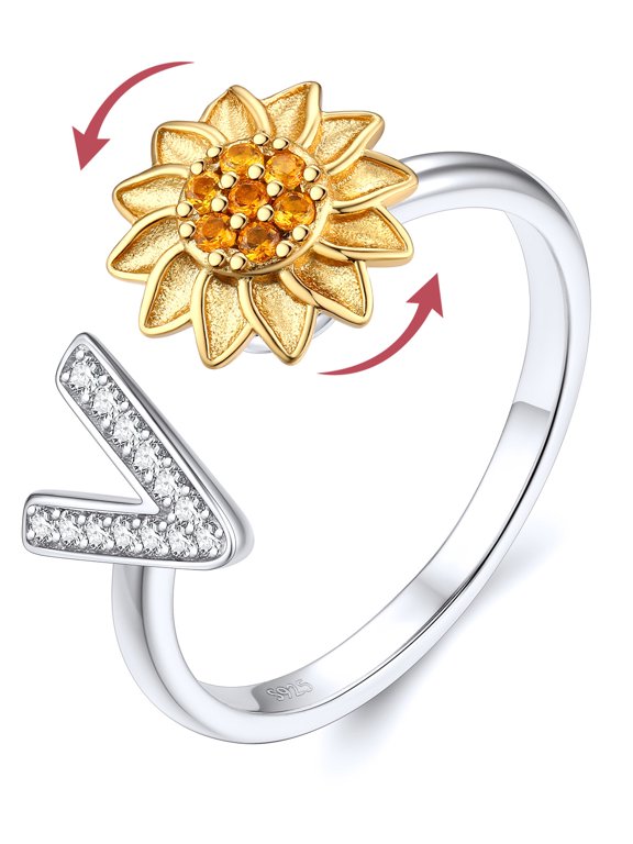 Rotatable Sunflower Spinner Ring for Women 925 Sterling Silver Adjustable Open Stress Relief Fidget Ring CZ Initial V Stackable Rings Jewelry Gift