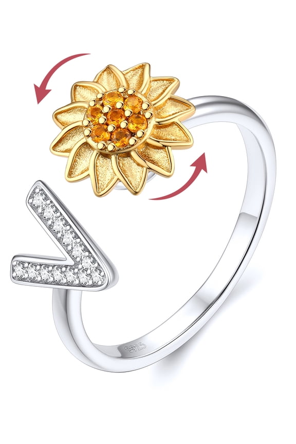 Rotatable Sunflower Spinner Ring for Women 925 Sterling Silver Adjustable Open Stress Relief Fidget Ring CZ Initial V Stackable Rings Jewelry Gift