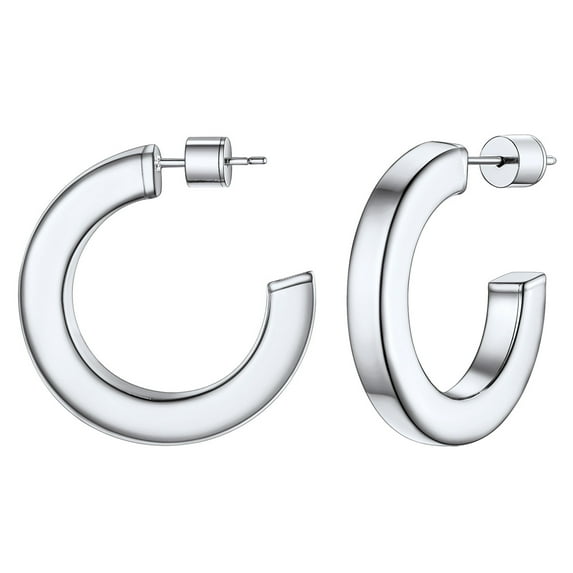 FOCALOOK Silver Hoop Earrings for Women Stainless Steel Hypoallergenic Chunky Cube Tube Lightweight Open Huggie Earrings 30mm