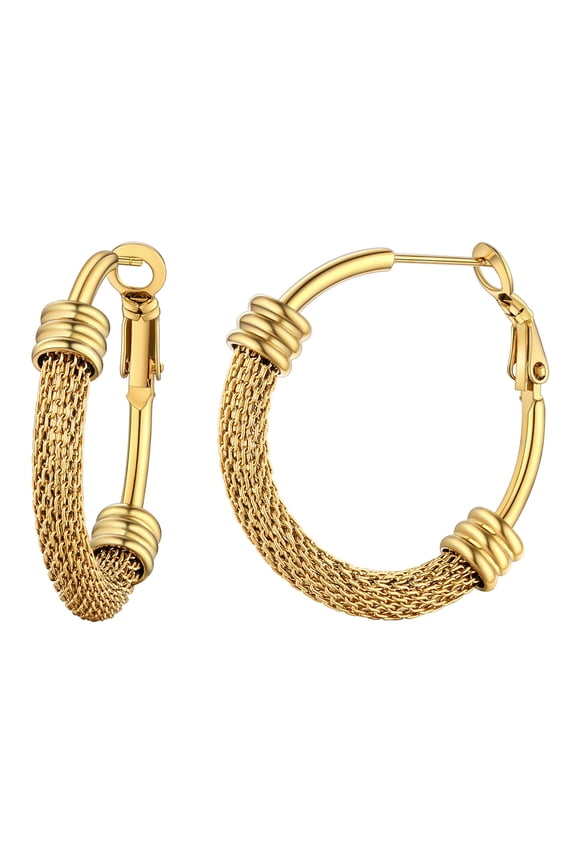 Small Huggie Hoop Earrings for Women Hypoallergenic Stainless Steel Chunky Round Thick Gold Plated Hoops Punk Gothic Cool Simple Ear Jewelry Gift Mesh Earrings 30MM