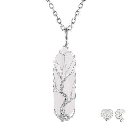FOCALOOK Tree of Life Necklace for Women April Natural Quartz Birthstone Necklaces Wire Wrapped Spiritual Reiki Healing Crystal Hexagonal Point Pendant Necklace Birthday Christmas Jewelry Gift