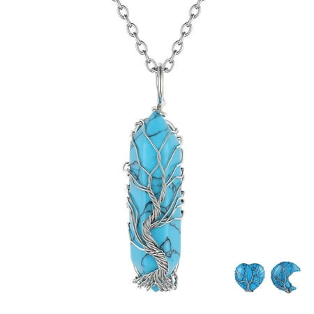 FOCALOOK Tree of Life Necklace for Women December Blue Turquoise Birthstone Necklaces Wire Wrapped Spiritual Reiki Hexagonal Healing Crystal Gemstone Birthday Christmas Jewelry Gift