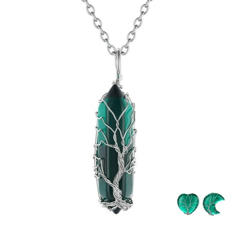 FOCALOOK Tree of Life Necklace for Women May Emerald Birthstone Necklaces Wire Wrapped Spiritual Reiki Healing Crystal Hexagonal Point Chakra Pendant Necklace Mothers Day Jewelry Gift