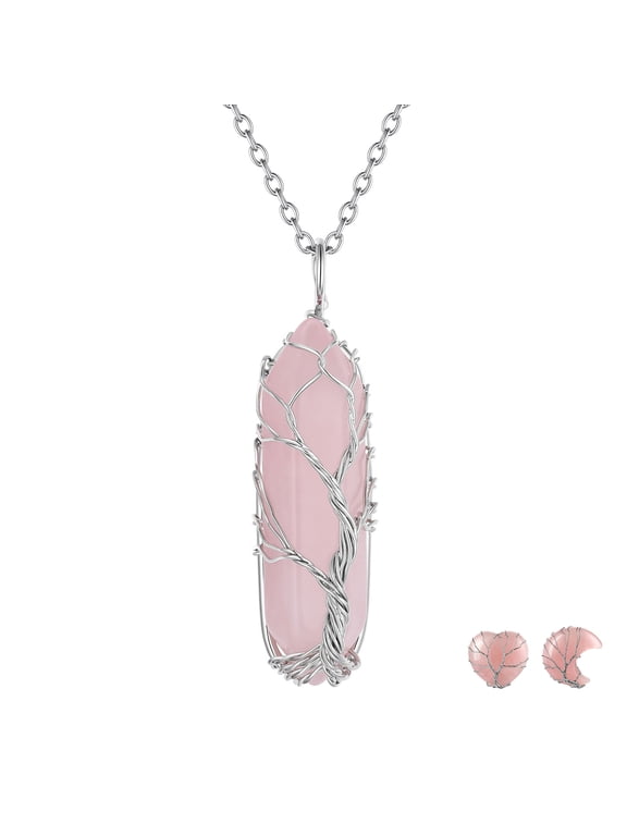 Tree of Life Necklace for Women October Natural Rose Quartz Birthstone Necklaces Wire Wrapped Spiritual Reiki Hexagonal Healing Crystal Stone Birthday Christmas Jewelry Gift