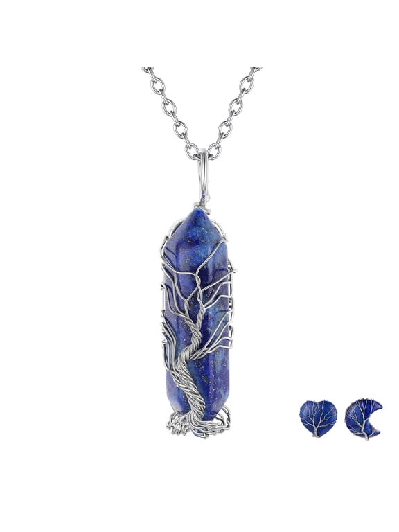 Tree of Life Necklace for Women September Natural Lapis Lazuli Birthstone Necklaces Wire Wrapped Spiritual Reiki Hexagonal Healing Crystal Birthday Christmas Jewelry Gift
