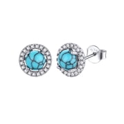 FOCALOOK Turquoise Round Stud Earrings for Women 925 Sterling Silver Cubic Zirconia Small Earrings Daughter Girlfriend Christmas Birthday Gemstone Jewelry Gifts