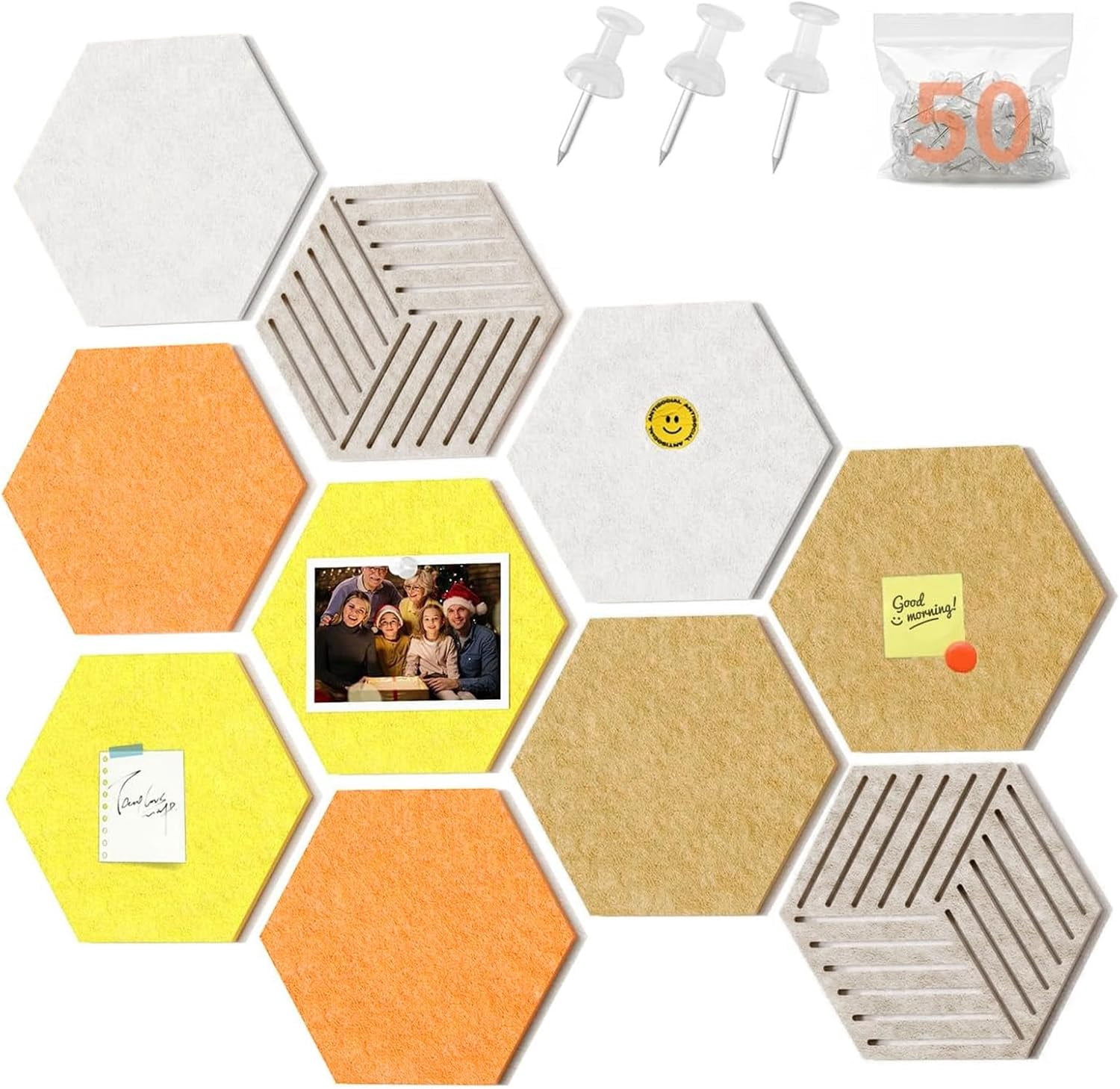 FOCHIER F 10PCS Hexagon Cork Boards for Walls Decor,12"*10.2" Felt Bulletin Board Tiles Sets for Home Office Class Kitchen with 50 Push Pins,Self Adhesive DIY Pin Board for Photos Memos