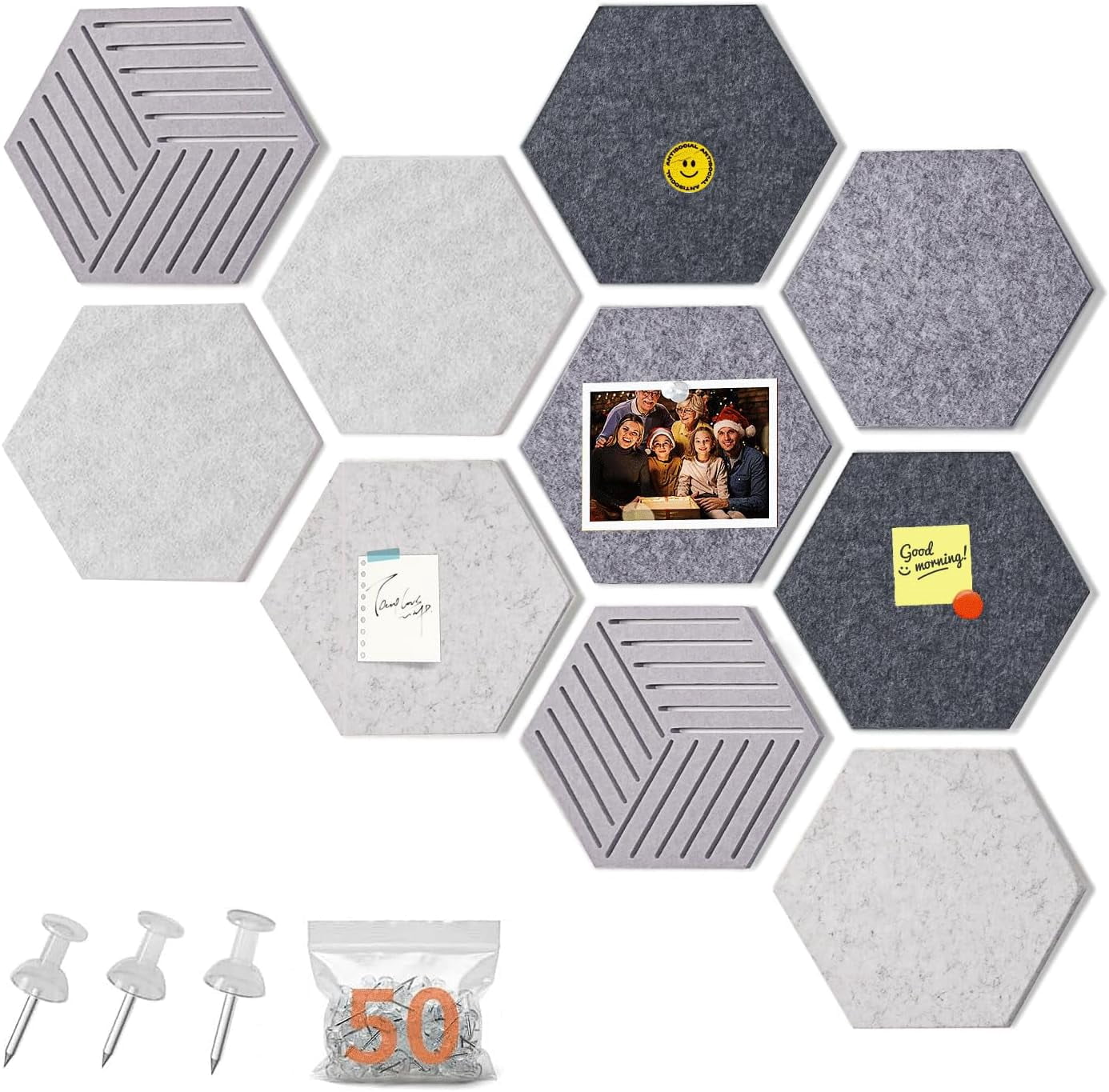 FOCHIER F 10PCS Hexagon Cork Boards for Walls Decor,12"*10.2" Felt Bulletin Board Tiles Sets for Home Office Class Kitchen with 50 Push Pins,Self Adhesive DIY Pin Board for Photos Memos