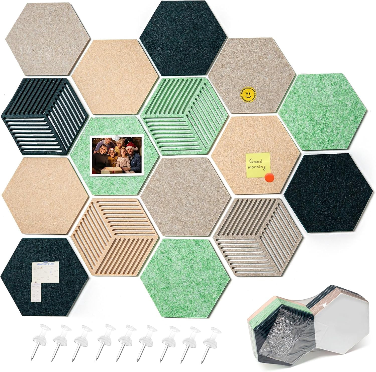 FOCHIER F 16PCS Hexagon Cork Boards for Walls Decor,7X 6 inch Felt Bulletin Board Tiles Sets for Home Office Class Kitchen with 50 Push Pins,Self Adhesive DIY Pin Board for Photos Memos (Green-16PCS)