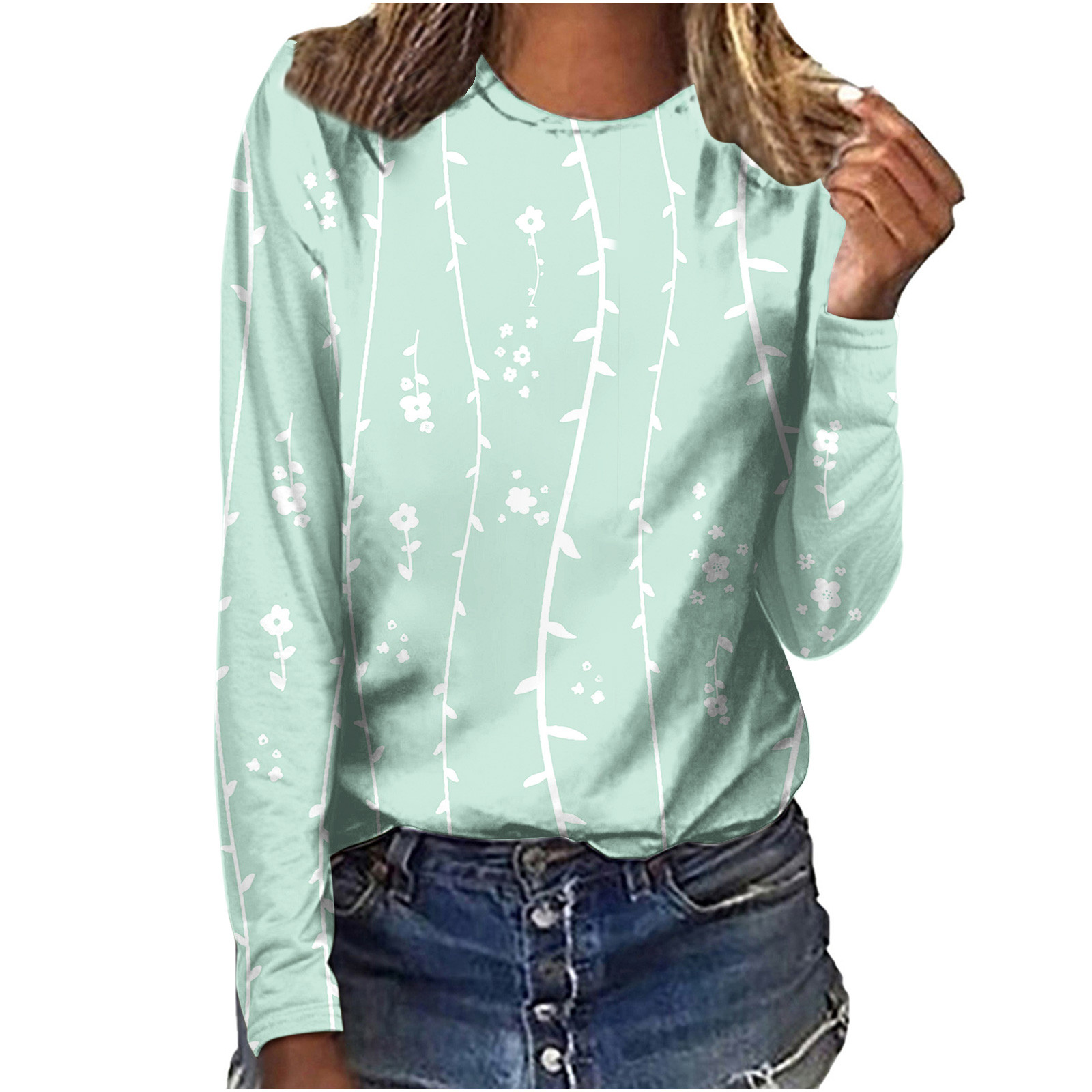 FOCLMP Long Sleeve Blouse For Women Basic Floral Print Crew Neck Cute