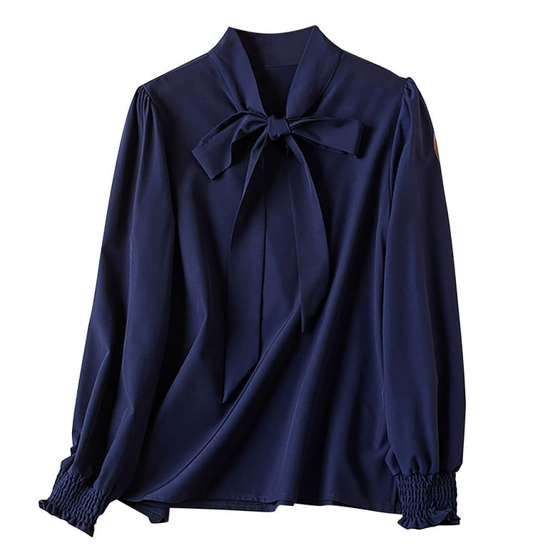 FOCLMP Women Bow Tie Neck Chiffon Blouse Long Sleeve Pure Color Ruffled  Work Office Shirt Ladies Cool Tops - Walmart.com