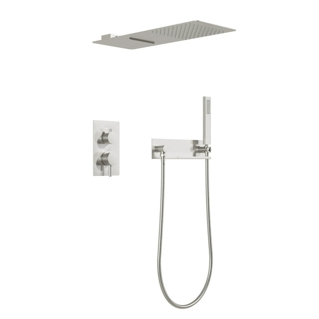 FOCLOVER Rainfall Shower System with Storage Shelf, Rain Shower Head and Handheld Shower Complete Combo, Wall Mounted Shower Faucet Set, Pressure Balancing Shower Valve, Brushed Nickel
