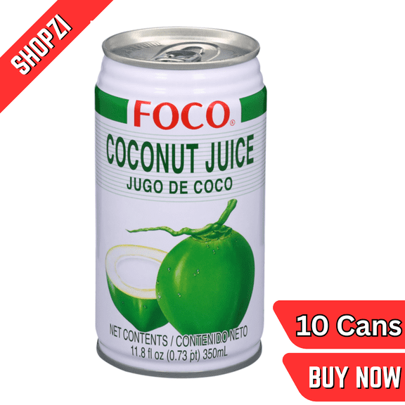 FOCO Coconut Juice 12 fl oz Cans, 10 Pack, Natural Coconut Water Beverage, Ready-to-Drink Tropical Juice