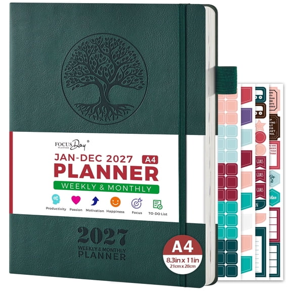 FOCUS DAY 2027 Weekly & Monthly Planner, 8.5" x 11", A4 Softcover Planner (Jan 2027 - Dec 2027), with 4 Planning Stickers, Inner Pocket, Large Agenda Book for Organizing & Planning