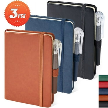 FOCUS DAY 3 PCS A6 Pocket Notebook Journals, 3.7"x5.7" Hardcover Leather Mini Notebooks, 408 Pages Small Note Pads With Pen, for Work Travel Office Supplies,blackbluebrown