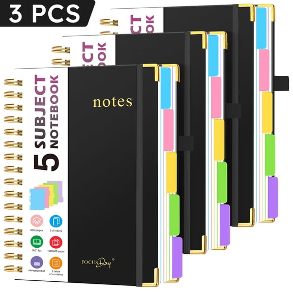 FOCUS DAY 3 Pack Spiral Notebook Journal, 5 Subject Notebook with Removable Dividers Tabs, 300 Pages 100GSM Lined Paper, Inner Pocket, A5 Hardcover College Ruled Notebook for Writing, 6.1" x 8.4"