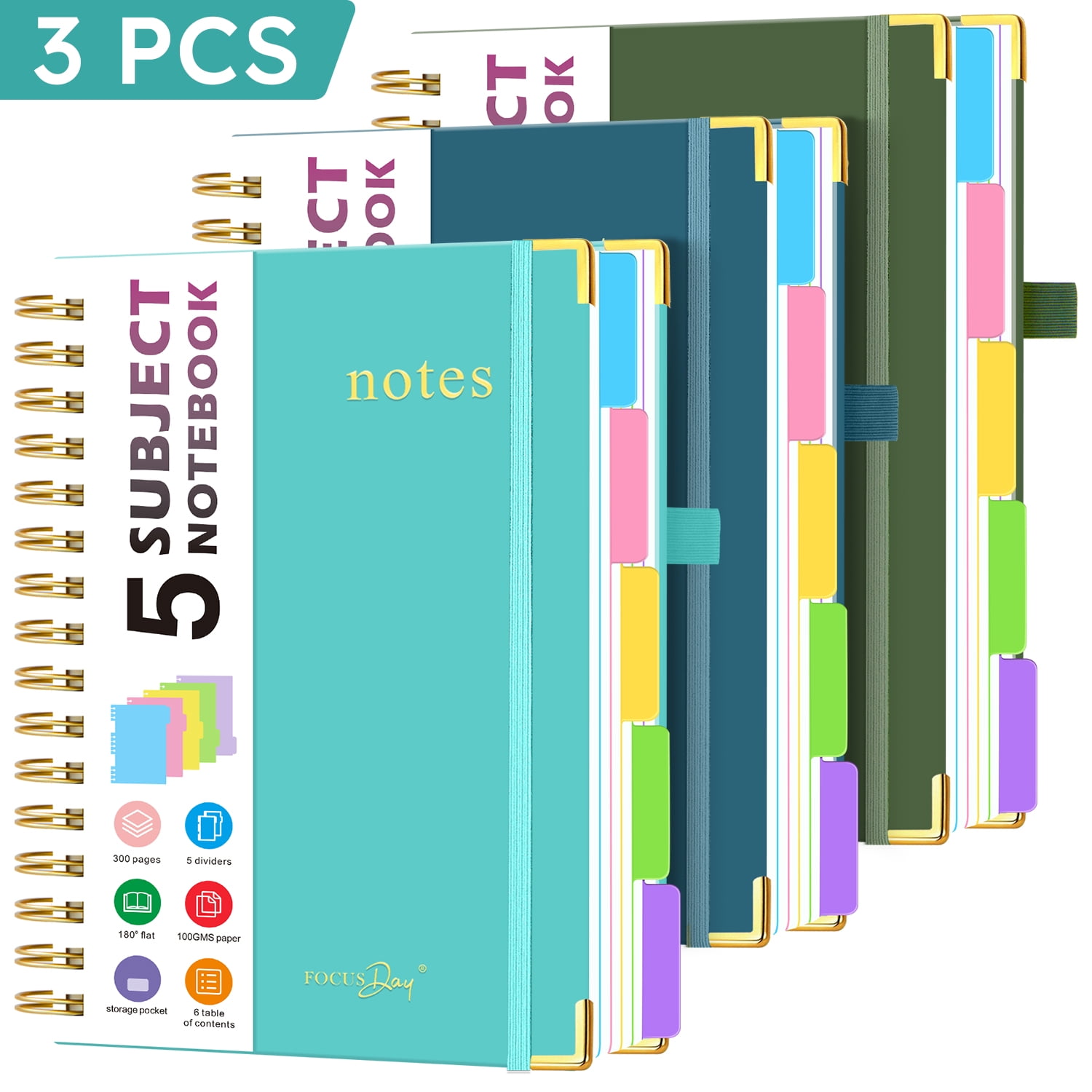 Notebook With Rearrangeable Pages FOCUS DAY 3 Pack Spiral Notebook Journal, 5 Subject Notebook with ...