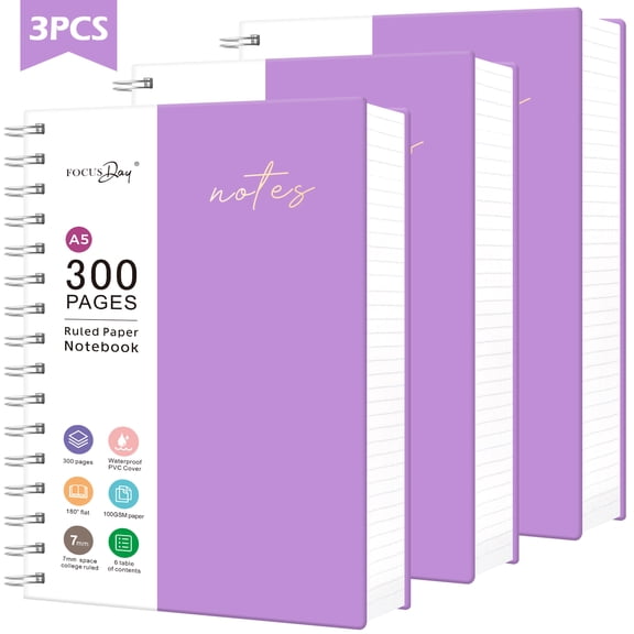 FOCUS DAY 3PCS A5 Spiral Notebook, 300 Pages College Ruled Journal with PVC Waterproof Cover, Inner Pocket, 100GSM Thick No Bleed Paper, Hardback Notepad for Office Home, 5.7"x8.3"