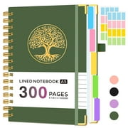 FOCUS DAY 5 Subject Notebook College Ruled, 300 Pages A5 Hardcover Spiral Notebook with Removable Dividers Tabs, 100GSM Thick Paper, Inner Pocket, 6.1" X 8.4", Aesthetic Journal for Note Taking(Green